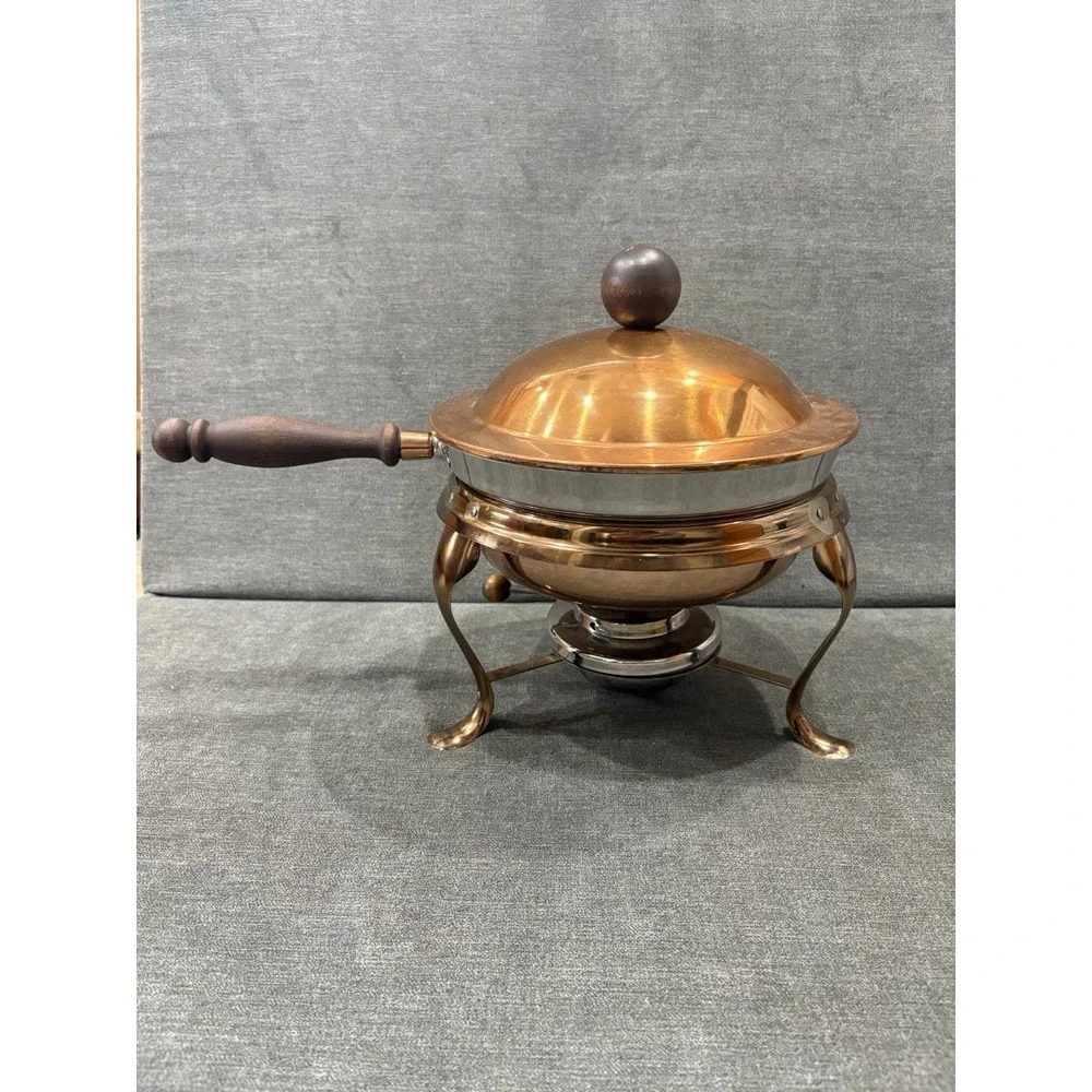 Large Copper Solid Brass Vintage Pan Dish Heavy Chafing Fondue Pot & Pasta 9